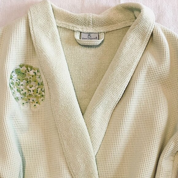Yves Delorme Paris kimona robe Large unisex pale green waffle cotton luxury - Picture 2 of 10